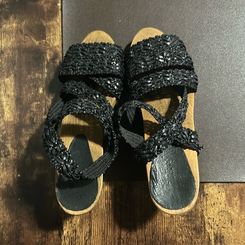 Wooden block heel strap sandal
